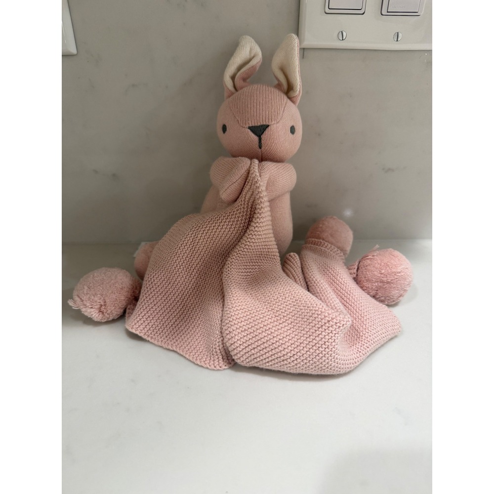 Pottery Barn Kids Pink Knit Bunny Lovey Security Blanket Pom Pom Plush Rabbit